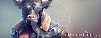 A cool and confident male portrait of a black bull, sporting sleek sunglasses. Exuding strength and power, this image Stock Photo