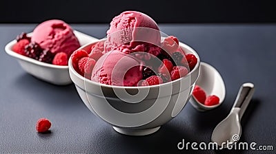 Cool and Creamy Delight, Overhead View of Raspberry Ice Cream in a White Bowl. Generative AI Stock Photo