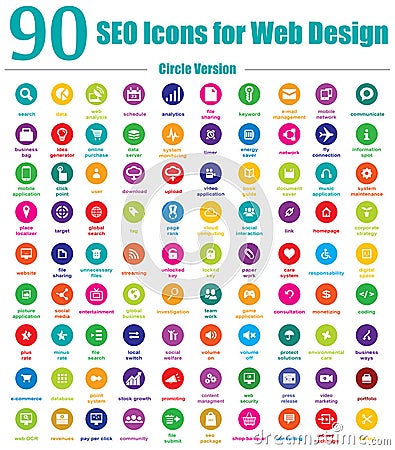 90 SEO Icons for Web Design - Circle Version Vector Illustration