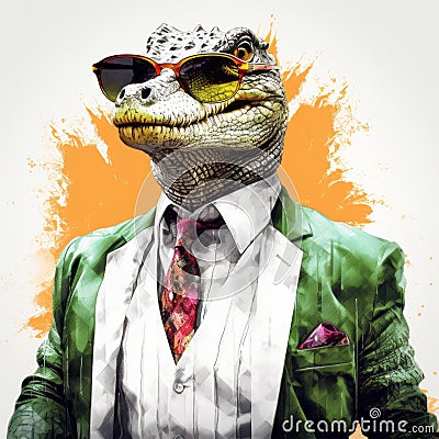 Cool Crocodile: A Stylish And Artistic Portrait Of An Avian-themed Reptile Cartoon Illustration
