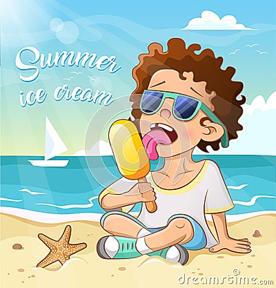 Cool curly little boy in sunglasses eats ice cream on the beach Cartoon Illustration