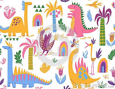 Cool Cute colorful seamless pattern with dinosaurs Vector Illustration