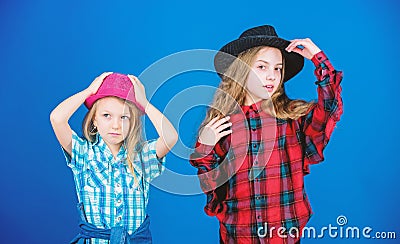 Cool cutie fashionable outfit. Happy childhood. Kids fashion concept. Check out our fashion style. Fashion trend. Girls Stock Photo