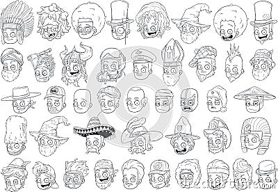Cool different cartoon black and white characters heads Vector Illustration