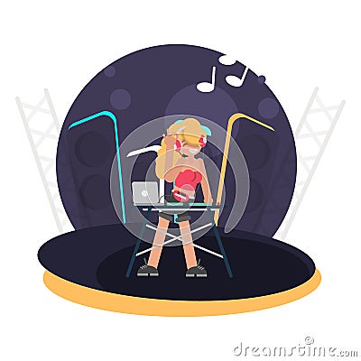 Cool DJ girl behind the console on stage color flat illustration Vector Illustration