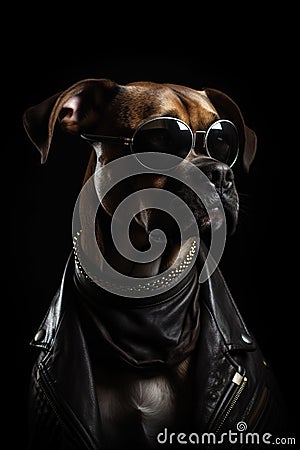 Cool dog with sunglasses and leather jacket on black background. Fashionable appearance, be trendy. Style and fashion Stock Photo