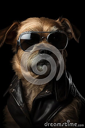 Cool dog with sunglasses and leather jacket on black background. Fashionable appearance, be trendy. Style and fashion Stock Photo
