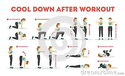 Cool down after workout exercise set. Collection Vector Illustration