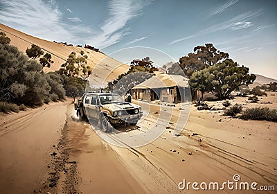 Cool dystopian comic book style image of pickup truck parked near shack in desert setting Stock Photo