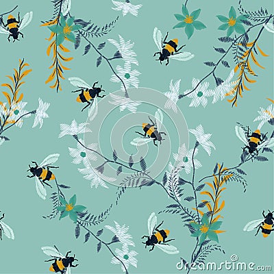 A cool Embroidery honey bee,with wild flowers many kind of flor Stock Photo