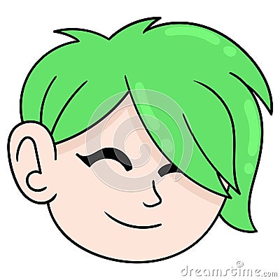 Cool faced boy smiling green haired, doodle icon drawing Vector Illustration