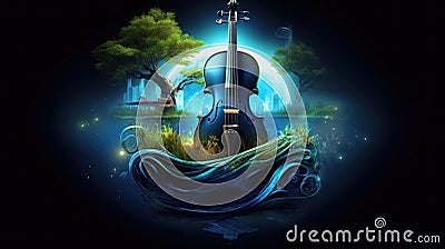 a cool fantasy inspired violin wallpaper, music poster, ai generated image Stock Photo