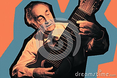 Cool fashion elderly man strum an acoustic guitar. Rock, classic, jazz concert collage poster. Contemporary art concept Stock Photo