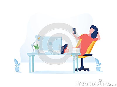 Cool flat style detailed illustration on self employment depicting confident female business owner managing her tasks Vector Illustration