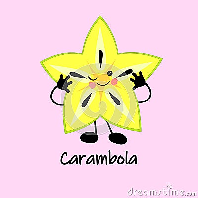 Cool fruit character. Face, smile and eyes. Sticker or print. Tropical carambola. Healthy food Vector Illustration