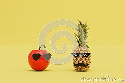 cool fruit. pineapple in pixel glasses and with a mustache next to a red apple in heart glasses. 3D render Stock Photo