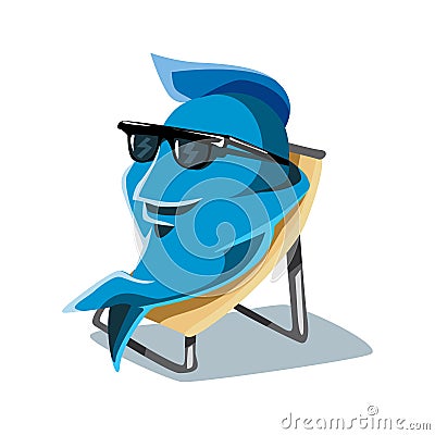 Cool Funny Cute Dude Cartoon Character FIsh Taking Sunbath on Beach Chair Vector Illustration