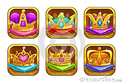 Cool game icons with golden rare crowns Vector Illustration