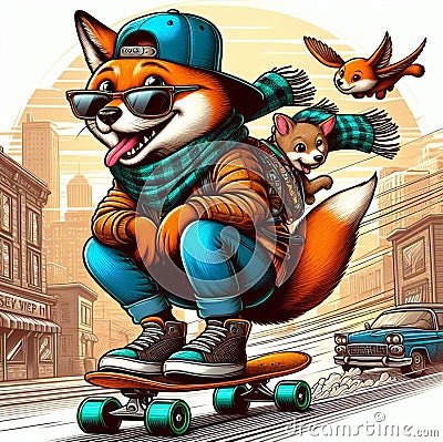 cool gangster fox flip jump skateboard anthropomorphic funny character poster in wintertime Stock Photo