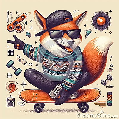 cool gangster fox flip jump skateboard anthropomorphic funny character poster in wintertime Stock Photo