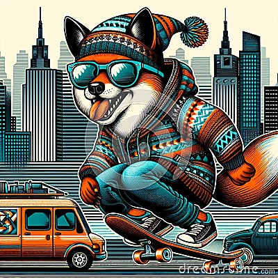 cool gangster fox flip jump skateboard anthropomorphic funny character poster in wintertime Stock Photo