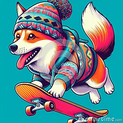 cool gangster fox flip jump skateboard anthropomorphic funny character poster in wintertime Stock Photo
