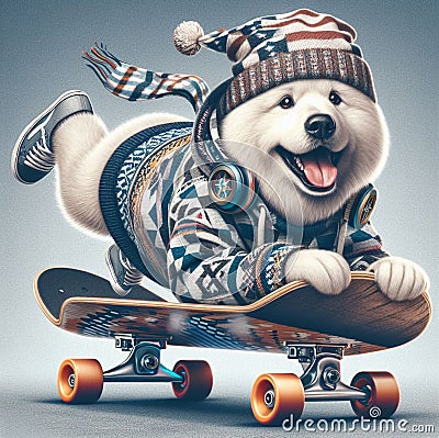 cool gangster tatooed polar bear flip jump skateboard anthropomorphic funny character poster sticker Stock Photo