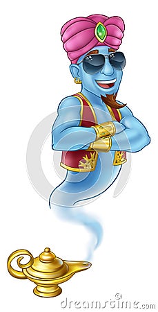 Cool Genie Magic Lamp Aladdin Pantomime Cartoon Vector Illustration