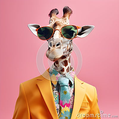 The Cool giraffe wearing suit clothes and glasses. Generative Ai. Stock Photo