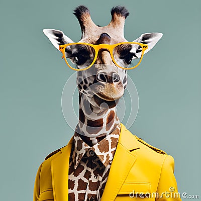 The Cool giraffe wearing suit clothes and glasses. Generative Ai. Stock Photo