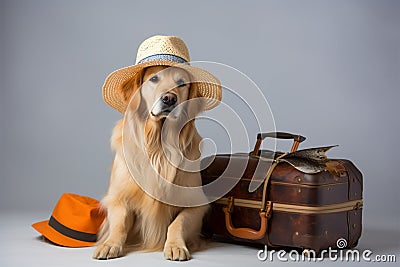 Cool golden retriever with hat, shades, suitcase, ticket on white Stock Photo
