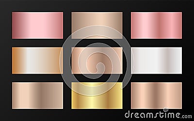 Metallic foil texture silver, steel, chrome, platinum, copper, bronze, aluminum, rose gold gradient swatches. Vector Illustration