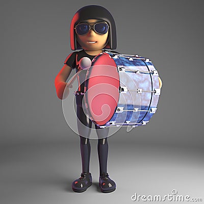 Cool goth girl unwinding by playing a bass drum very gently, 3d illustration Cartoon Illustration