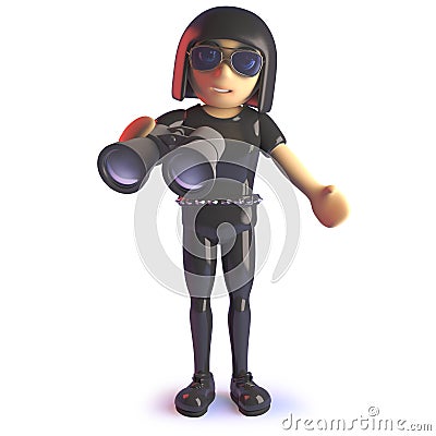 Cool gothic girl in latex catsuit with binoculars, 3d illustration Cartoon Illustration