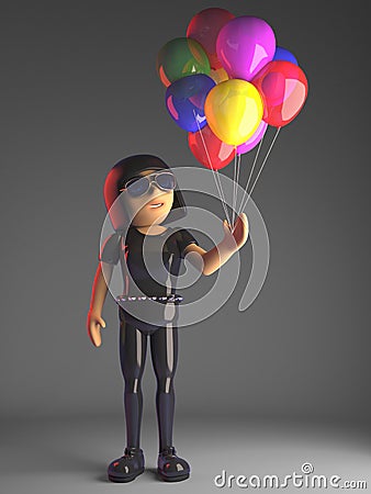 Cool gothic girl in leather catsuit has lots of coloured balloons, 3d illustration Cartoon Illustration