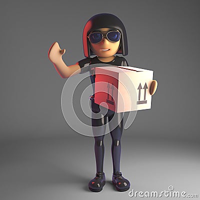 Cool gothic girl in leather suit delivering a cardboard box, 3d illustration Cartoon Illustration