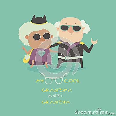 Cool grandma and grandpa wearing in leather jacket Vector Illustration