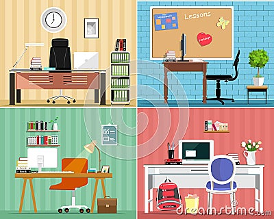 Cool graphic furniture set: tables, chairs, computers, notes, some furniture elements. Stylish interior design. Office furniture. Vector Illustration