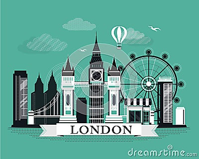 Cool graphic London city skyline poster with retro looking detailed design elements. London landscape with landmarks Vector Illustration