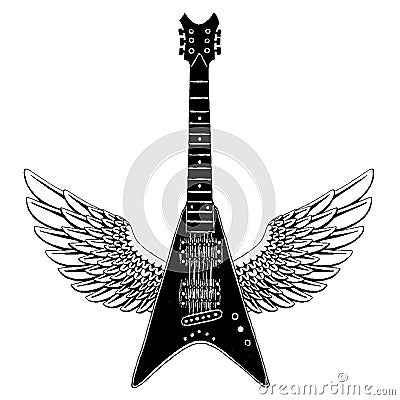 Cool guitar. Rock emblem for music festival. Heavy metall concert. T-shirt print, poster. Musical instrument. Badge Stock Photo