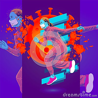 The girl is dancing against the backdrop of a pandemic COVID-19 Vector Illustration