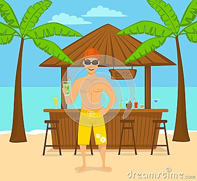 Cool guy with a exotic cocktail at beach bar Vector Illustration