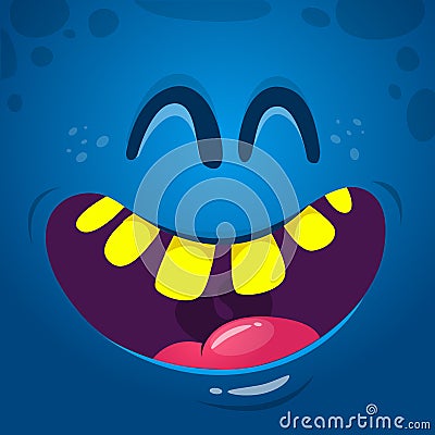 Cool happy cartoon monster face. Vector Halloween monster laughing with wide mouth Vector Illustration