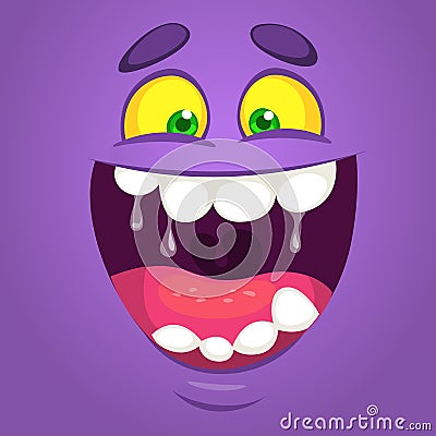 Cool happy cartoon monster face. Vector Halloween purple monster laughing Vector Illustration