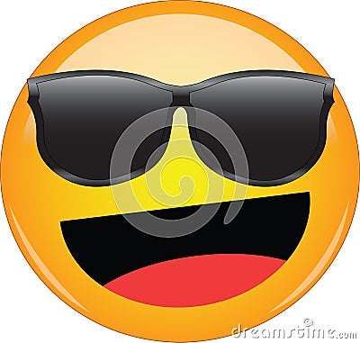 Cool happy emoji in shades. Awesome yellow face emoticon wearing sunglasses with a wide smile and laughing. Expression of Vector Illustration