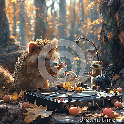 A cool hedgehog DJs a lively party in the forest, AI generated Stock Photo