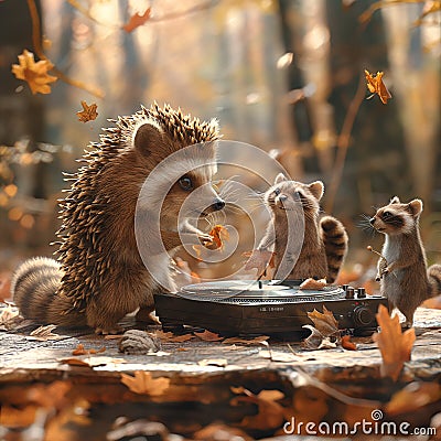 A cool hedgehog DJs a lively party in the forest, AI generated Stock Photo