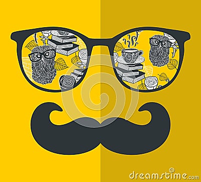 Cool hipster face print of man with sunglasses. Vector Illustration