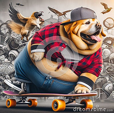 cool hispanic gangster labrador plus size speed flip jump skateboard anthropomorphic funny character Stock Photo