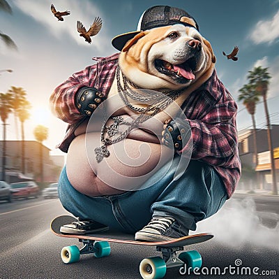 cool hispanic gangster labrador plus size speed flip jump skateboard anthropomorphic funny character Stock Photo